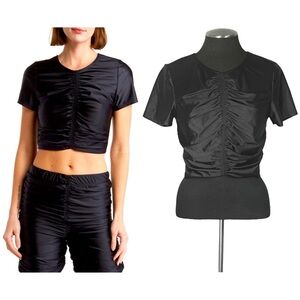 Good American – Black Ruched Short Sleeve Swim Top – Medium – Size 3 - Large